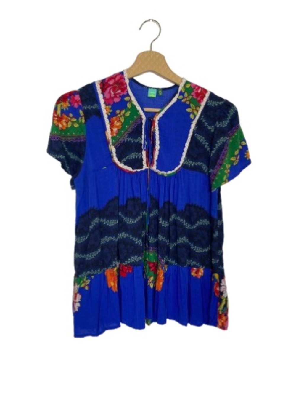RARE Farm Rio Brazil Embroidered Peasant Top - Vibrant Floral Blue - Size S